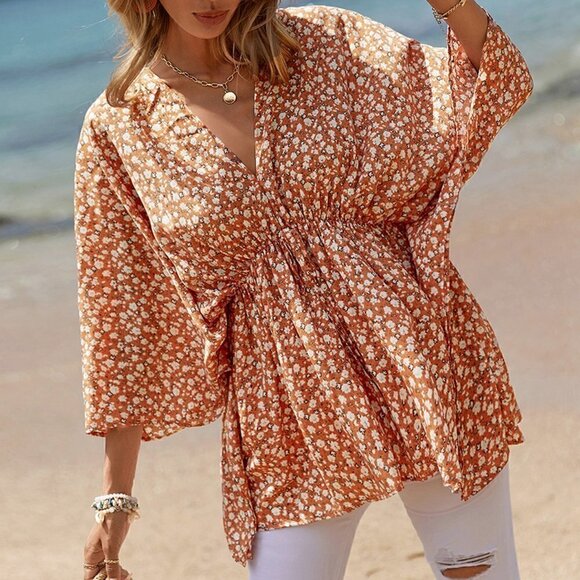 . Tops - Multicolor Boho Womens Ditsy Floral Batwing Sleeve Peplum Blouse